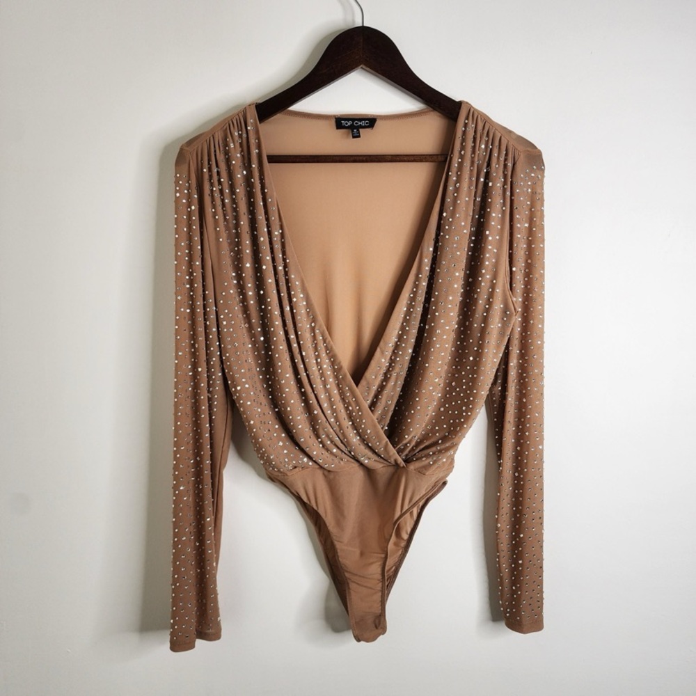 Top Chic Tan Embellished Bodysuit sz M. Like new. Stretchy